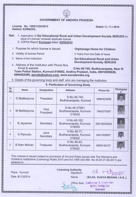 License for SERUDS NGO in Kurnool by Government of AP